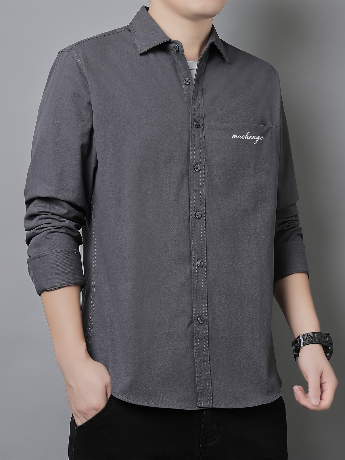 Men'S Long Sleeve Shirt with Lapel, Easy Letter Print Solid Color Hidden Single Pocket Casual Shirt, Washed Breathable Fabric, Spring/Autumn Commute Daily Wear Men'S Top, Inner And Outer Wear Multi-Color Available - Grey