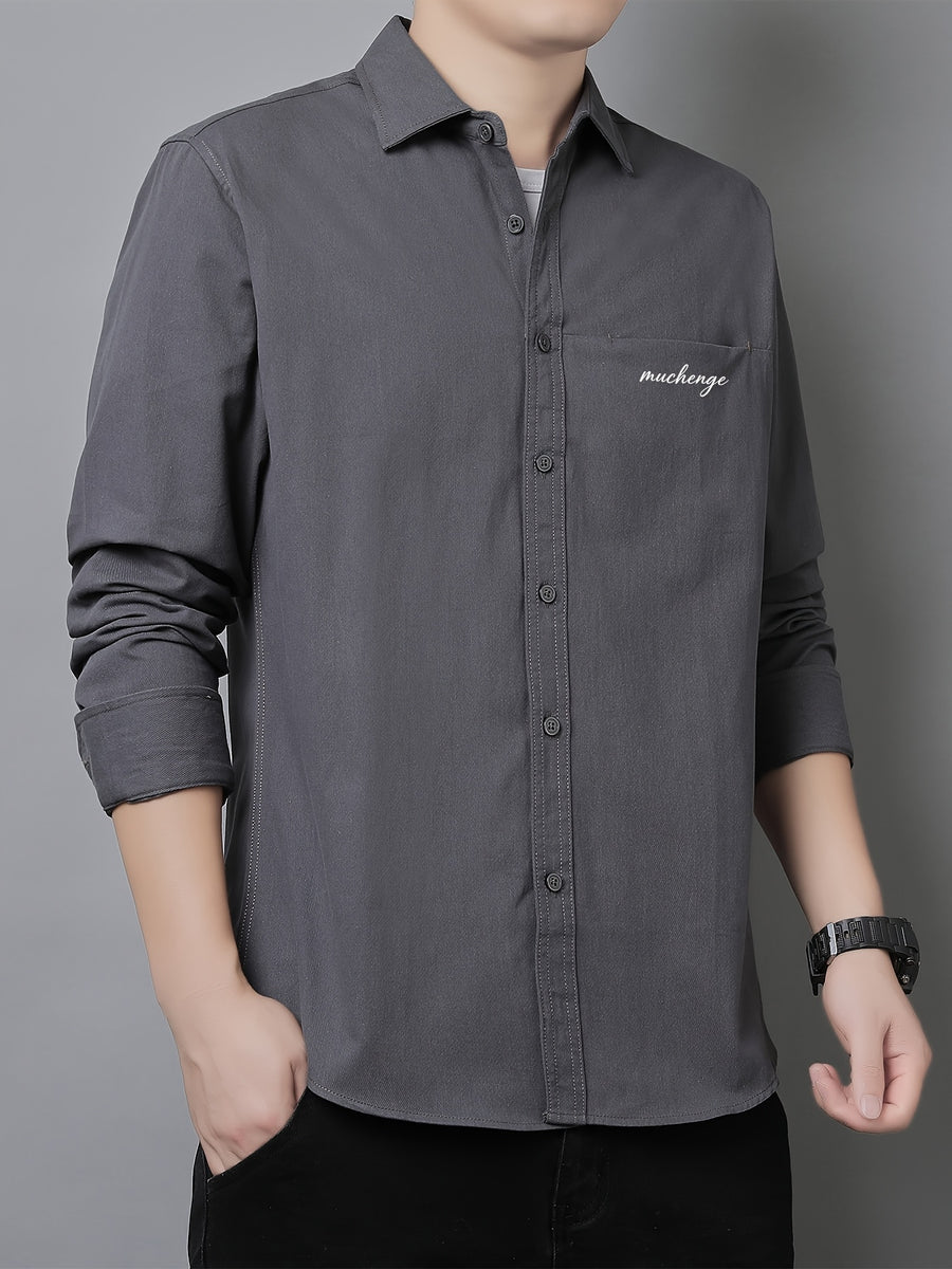 Men'S Long Sleeve Shirt with Lapel, Easy Letter Print Solid Color Hidden Single Pocket Casual Shirt, Washed Breathable Fabric, Spring/Autumn Commute Daily Wear Men'S Top, Inner And Outer Wear Multi-Color Available - Grey