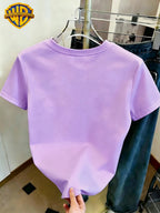 WB Women's Officially Licensed. Mouse & Hearts T-Shirt - Cute Mouse Sketch Short Sleeve Crew Neck Top with Double Heart Cuff Decorations, Casual Summer Suitable for Daily Commute, Home Wear, & Office Outfits - Violet