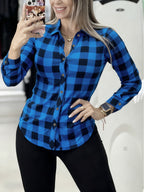 Women's Elegant Special Line Long Sleeve Button-Up Shirt - Loose Fit Lapel Collar Blouse, Double-Color Checkered ( & Color), Single-Breasted Door Placket, Suitable for Spring Summer Fall Casual Outdoor Wear, Office & Semi-Formal Attire - Blue Plaid