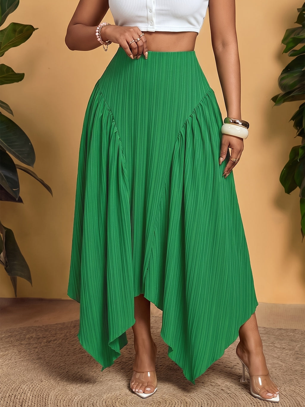 2026 Summer New French Elegant Solid Color Pleated Half Skirt, High-Waist Irregular Flared Long Dress, Vacation Travel Photography Essential Item - Green