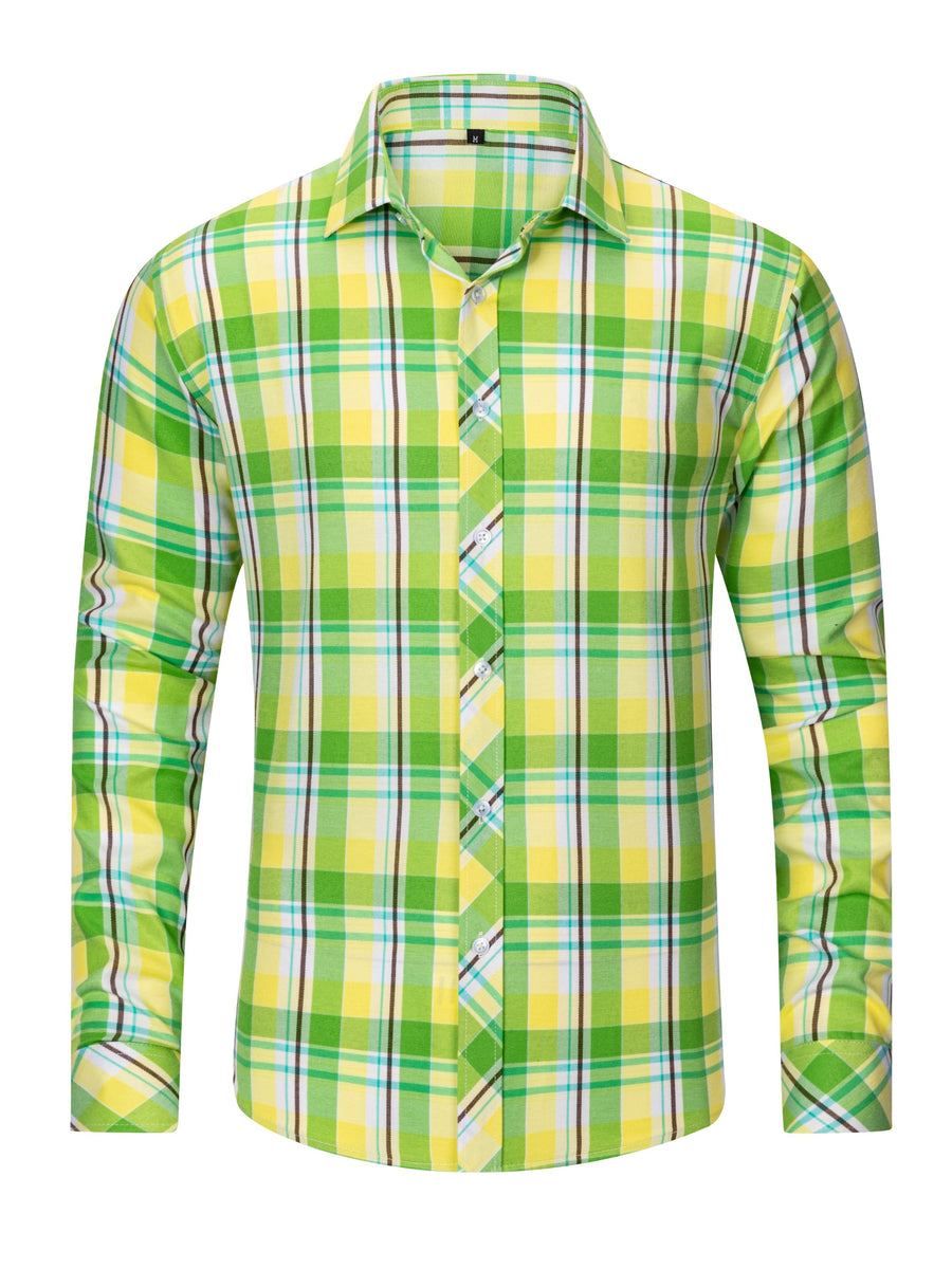 New Trendy Men'S Brushed Checkered Shirt Fall Winter Casual Jacket Outerwear - Grass Green
