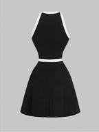 Women'S Elegant Exquisite Round Neck Sleeveless Bowknot Decoration Fake Button Dress Women'S Black And White Color Block A-Line Short-Length Dress Bridesmaid Dress Women'S - Black