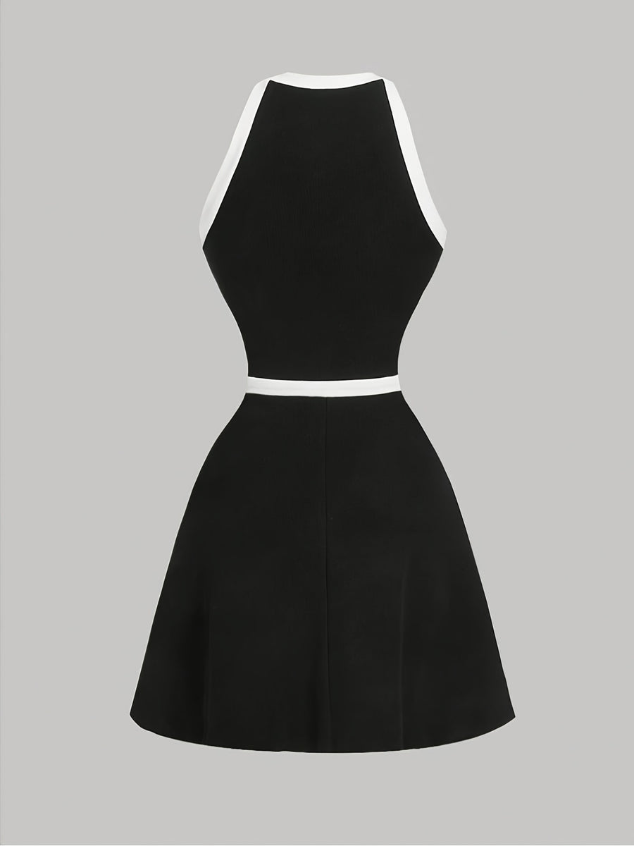 Women'S Elegant Exquisite Round Neck Sleeveless Bowknot Decoration Fake Button Dress Women'S Black And White Color Block A-Line Short-Length Dress Bridesmaid Dress Women'S - Black