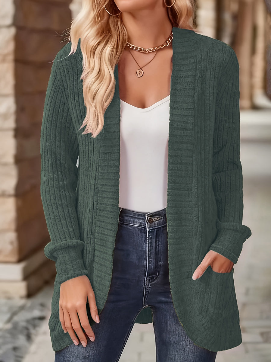 Women's Solid Color Brushed Casual Spliced Long Sleeve Cardigan - Malachite Green