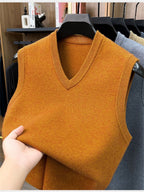 Autumn/Winter Knitted Solid Color V-Neck Sweater, Basic Knit Pullover, Men's Fashion Knit Vest ZYR - Burnt Yellow