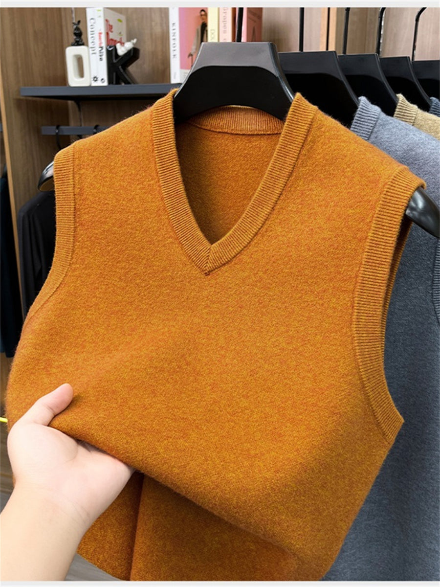 Autumn/Winter Knitted Solid Color V-Neck Sweater, Basic Knit Pullover, Men's Fashion Knit Vest ZYR - Burnt Yellow