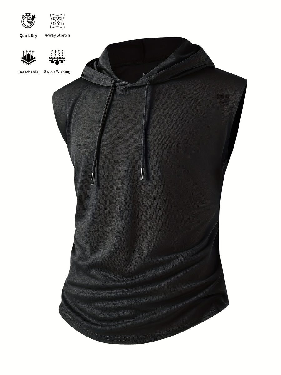 Men's Summer Fitness & Sports Casual Versatile Hooded Tank Top, Men's Casual Comfortable Breathable Hooded Tank Top T-Shirt - Black