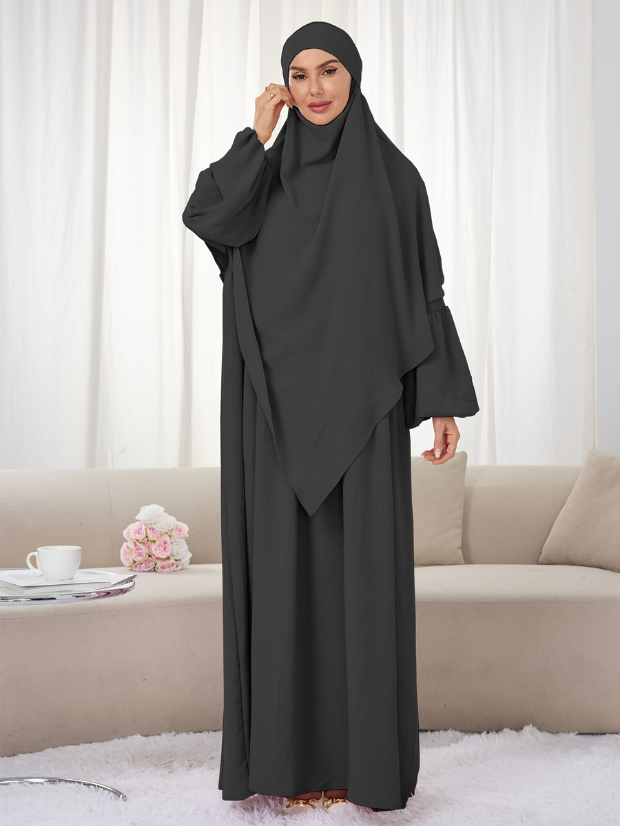 2pcs Set (Khimar And Abaya) Solid Color Muslim Prayer Outfit, Convenient Pullover Style with Lantern Sleeves And Waist Pleats, Paired with Matching Plain Headscarf Hijabs, Essential for Casual Outings, Fashionable Item Prayer Jilbab - Black