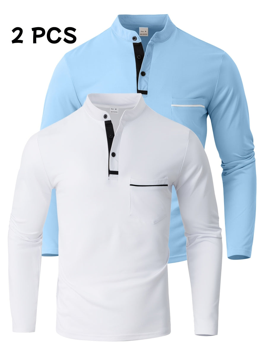 [JOSHIMAI OBM] 2pcs Men'S Long Sleeve Henley Shirts, Soft Comfortable Stretch Fabric, Lightweight Breathable Easy Care, Stand Collar 3-Button Placket Design, Contrast Color Placket And Pocket Details, Suitable for Office Commute, Business Casual - White+light Blue