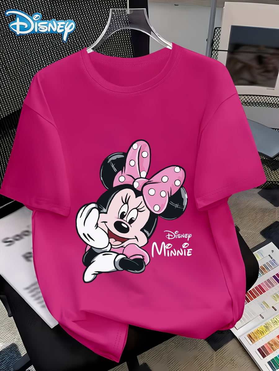 Disney Minnie with a Smile on Her Cheek Printed Fashion Women'S Round Neck Casual T-Shirt, Comfortable Fabric Short Sleeved, Round Neck Women'S T-Shirt, Worn in Spring And Summer - Rose Red