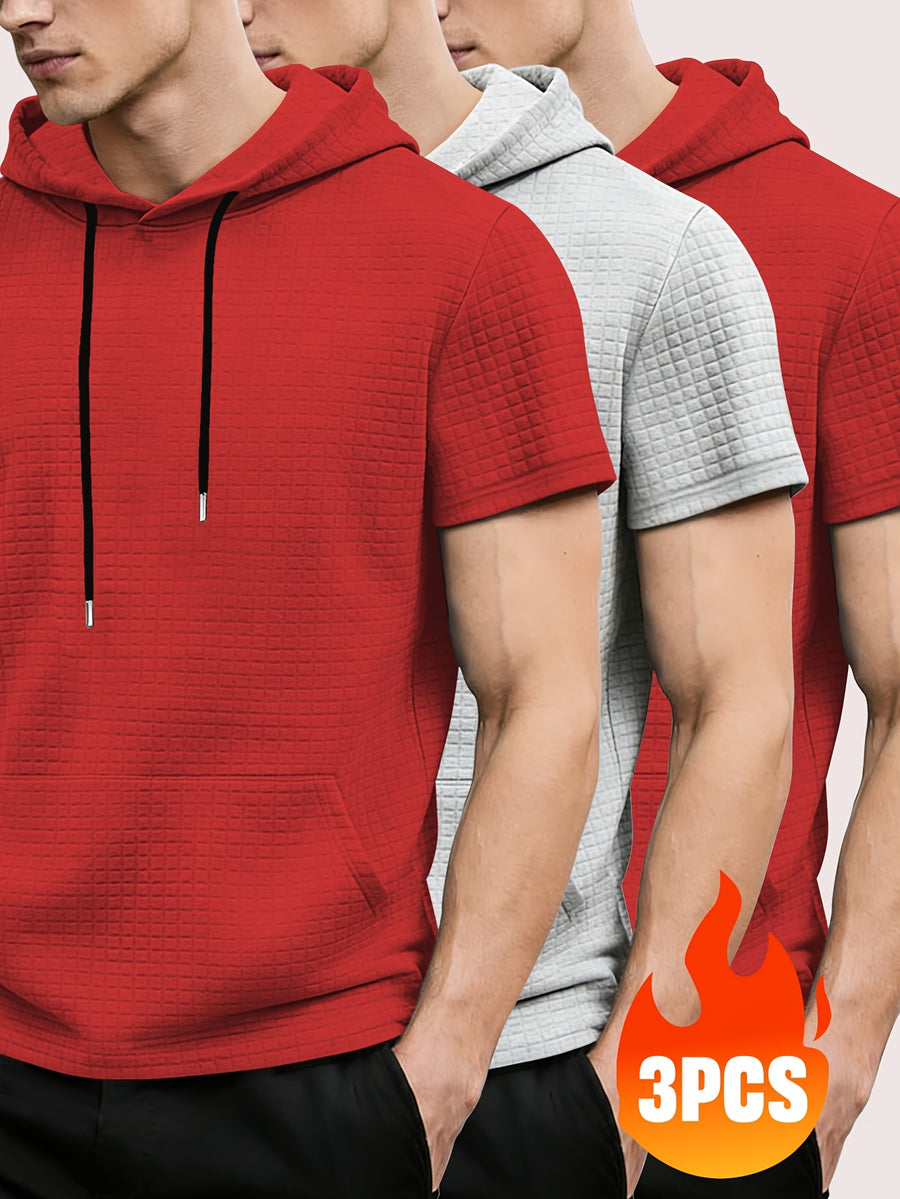3pcs Men's Waffle Knit Short Sleeve Hoodie with Kangaroo Pocket, Soft and Breathable Fabric, Multiple Color Options, Versatile for Daily Wear, Simple and Stylish Casual Sportswear, Suitable as Matching Family Outfits, Great Choice for Gifts - Red + Gray + Red