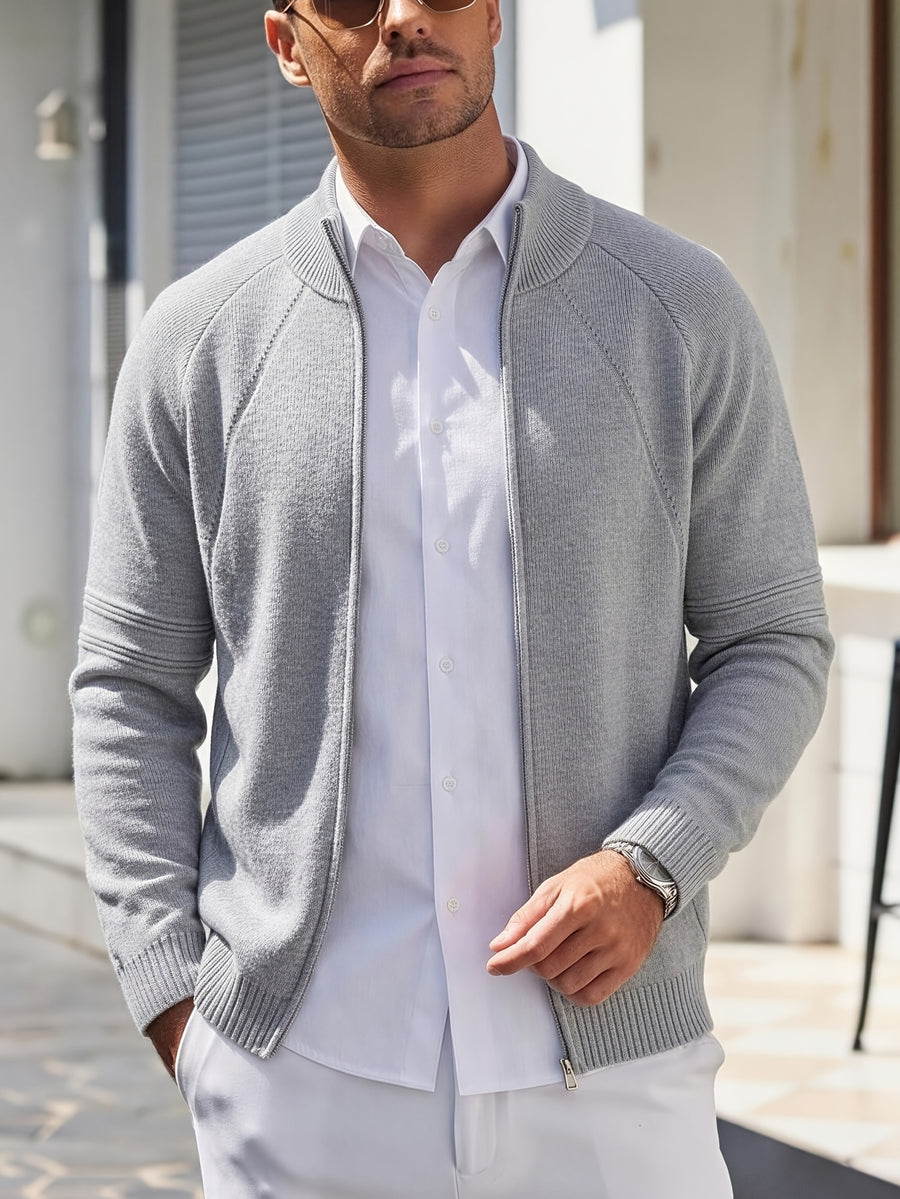 Men'S Knit Cardigan Autumn Winter Double-Headed Zipper Thickened Jacket Fashion Casual All-Match Stand Collar Sweater - Light Grey
