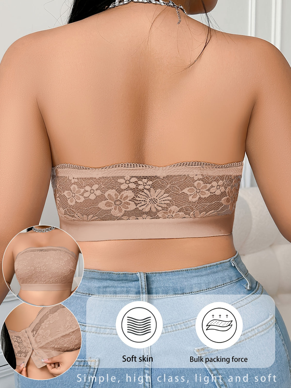 Lace-paneled Plus-size Women's Bra with Side-release Buckles, Wire-free Bralette, Casual and Comfortable, Beautiful Back Design, Thin S Style - Apricot