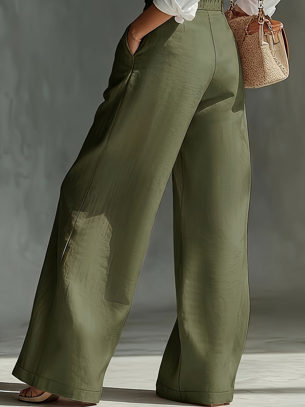 Spring and Autumn High-Waist Pleated Suspender Pants, Vintage Temperament Commuter Casual Trousers - Olive Green