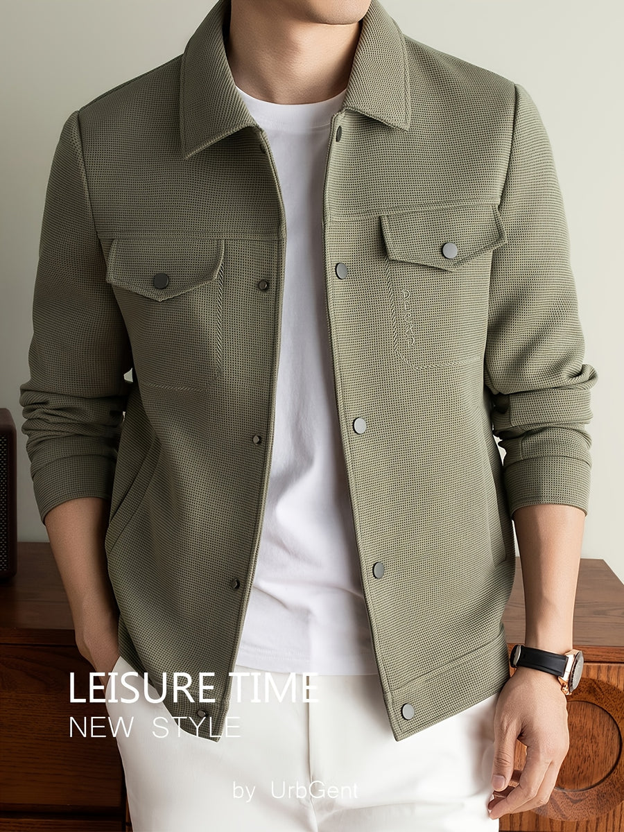 Men's Lightweight Textured Jacket with Button-Front & Collar - Soft Breathable Workwear Coat Suitable for Business Office, Travel, Casual Streetwear, Spring/Autumn Outerwear, Hand Washable Button-Up Blazer - Olive