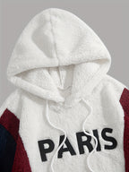 1pc Color-Block Spliced Reversible Plush Hooded Sweatshirt, Letter Embroidered Sweatshirt, Casual Sporty Hoodie, Soft and Comfortable Fabric, Warm and Breathable - Ivory White