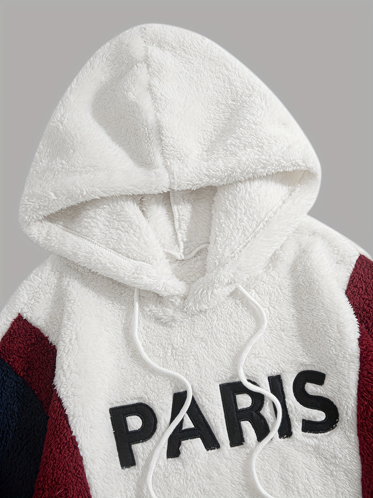 1pc Color-Block Spliced Reversible Plush Hooded Sweatshirt, Letter Embroidered Sweatshirt, Casual Sporty Hoodie, Soft and Comfortable Fabric, Warm and Breathable - Ivory White