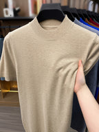 [Wading Whale OBM] 1pc Spring Summer New Men'S Knit Pullover Sweater, Old Money Style Textured Solid Color Short Sleeve T-Shirt, Casual Fashion Thin Breathable Ribbed Pullover Sweater Base Layer Top, Suitable for Spring And Summer Wear - Apricot
