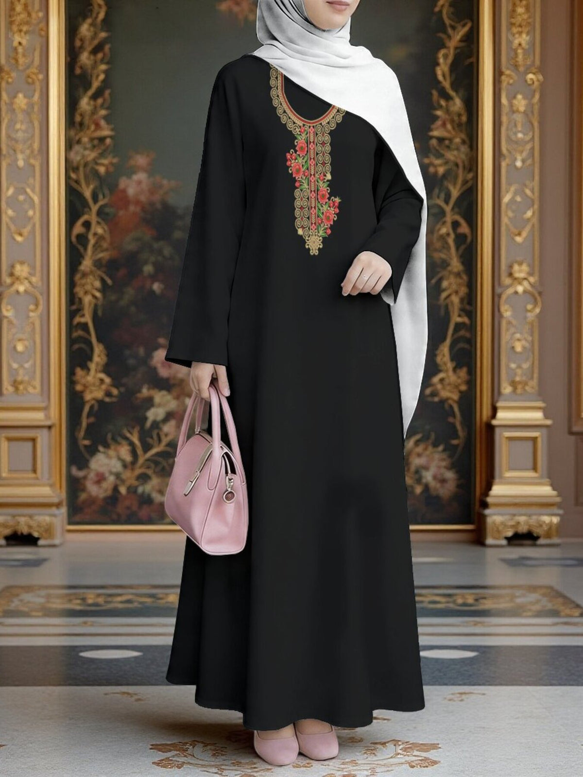 New Middle Eastern Style Muslim Elegant Robe, Featuring Middle Eastern Ethnic Print And Long Dress Design, Suitable for Eid Al-Fitr And Eid Al-Adha, This Loose, Comfortable, And Breathable Long Sleeve Dress Is Perfect for Commuting And Vacation - Mixed colors