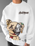 A Men's Crewneck Sweatshirt with a Streetwear-style Creative Patch Featuring a Small Bear Print - White