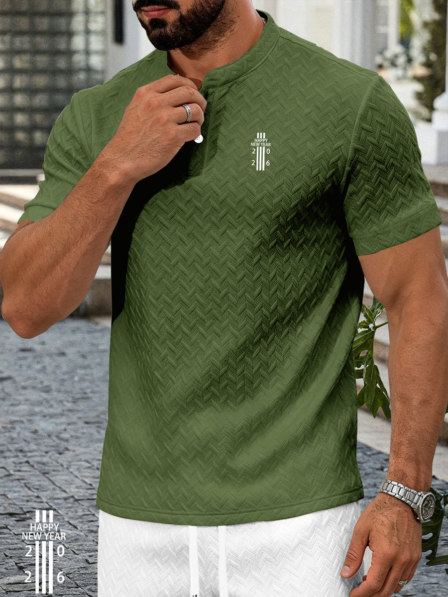 Men'S Summer Casual Textured Short Sleeve T-Shirt, New Year Print, Breathable Textured Jacquard Round Neck Henley Shirt with Buttons, Regular Fit Suitable for Outdoor And Casual Wear, Men'S Textured Short Sleeve Henley Shirt - Army Green