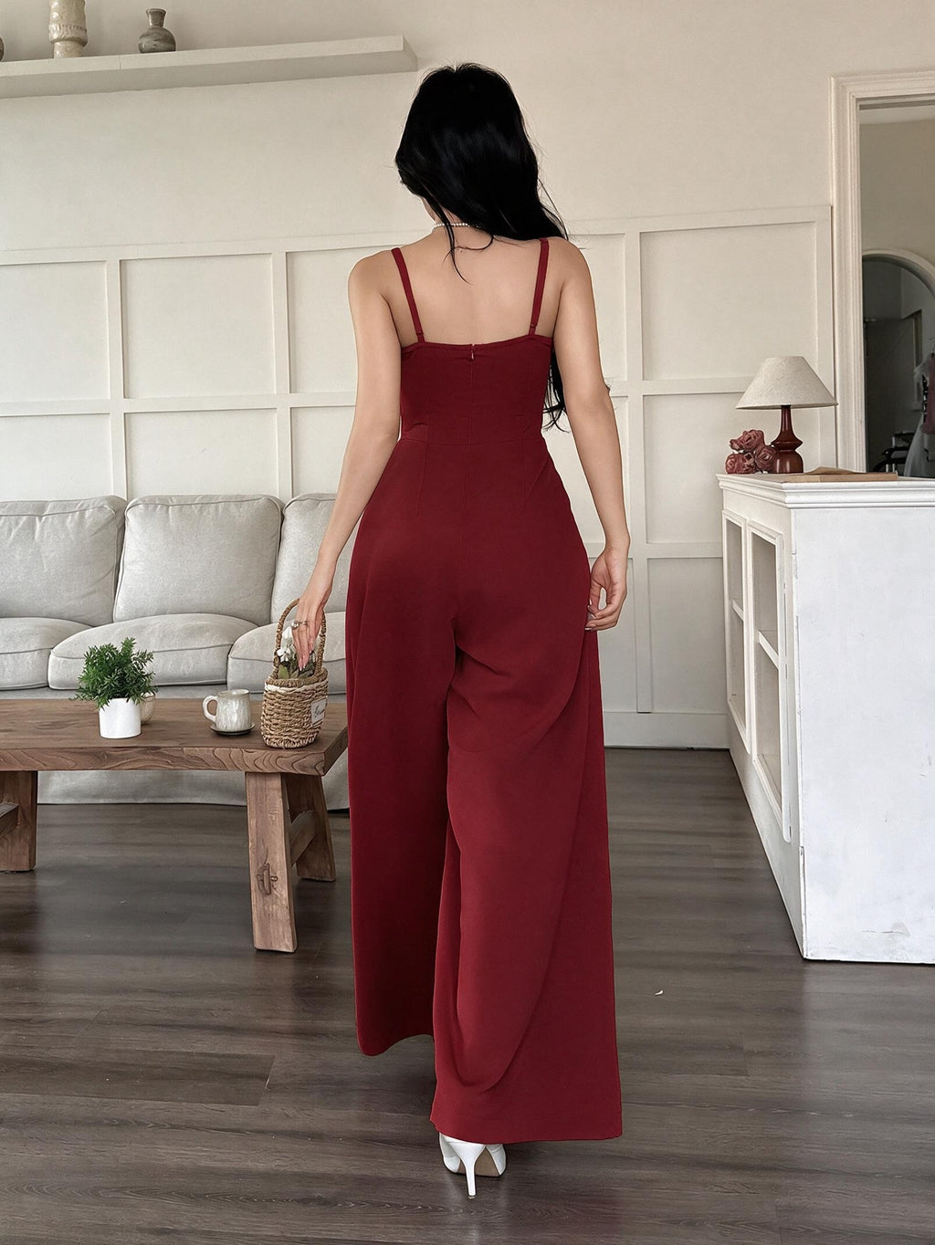 Wide-Leg Loose Solid Color with Ruched Design, Suitable for Summer Women'S Casual Wear - Red