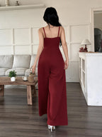 Wide-Leg Loose Solid Color with Ruched Design, Suitable for Summer Women'S Casual Wear - Red