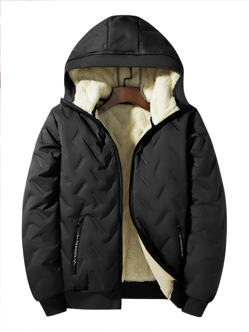 Pearson OBM Men's -Lined Hooded Jacket, Autumn/Winter Padded Coat, Fashionable and Warm Hooded Padded Coat, Warm Cardigan Jacket, Casual Sportswear Top, Trendy Men's Hooded Jacket - Black