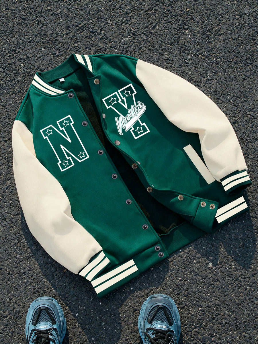 Black and Gray Color-block Baseball Jacket Featuring a "NY" Logo, a Classic Symbol of New York City Culture, Paired with Star Embellishments and the "Vandals" Text. "Vandals" Is Often Associated with Streetwear Style, Enhancing Individuality. - Green & White