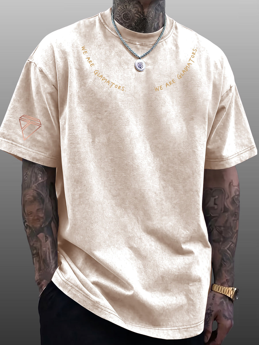 Short Sleeve T-Shirt Men'S Loose Washed Distressed Top Arched Text Triangle Geometric Trendy Print Multi-Color Casual Matching American Street High Street Hip-Hop Couple Style Short Sleeve Daily Outing Commuting Sports Fitness Street Style Y2K Top - Apricot