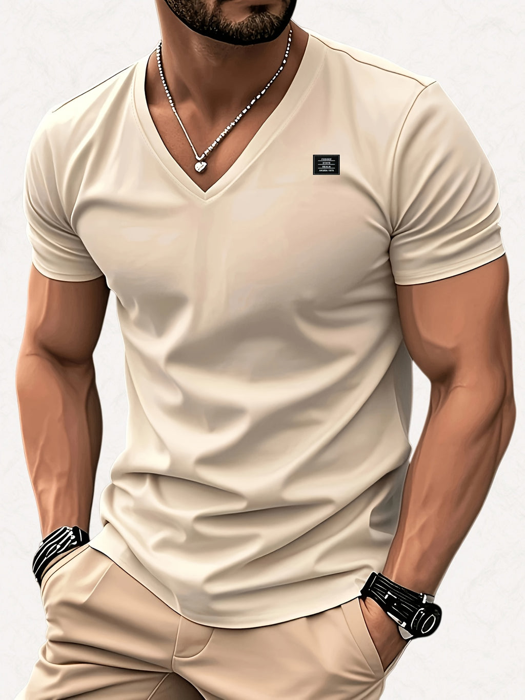 180G100C Men'S V-Neck Solid Color Short Sleeve Shirt, Placement Left Chest Patch "FODOEE" Summer Global Seasons Base Layer Factory Made Men'S Man Comfortable High Quality High - Apricot
