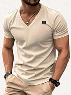 180G100C Men'S V-Neck Solid Color Short Sleeve Shirt, Placement Left Chest Patch "FODOEE" Summer Global Seasons Base Layer Factory Made Men'S Man Comfortable High Quality High - Apricot