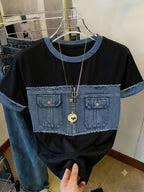 [Printed Pants - Not Denim Fabric] [Printed Design - Non-Textured] New Spring/Summer Standard Size Imitation Denim Patchwork Short-Sleeve T-Shirt, Black Base with Raw Hem, Imitation Denim Zipper Pocket Print, Loose Fit Round Neck Top, Women's Summer - Mixed colors