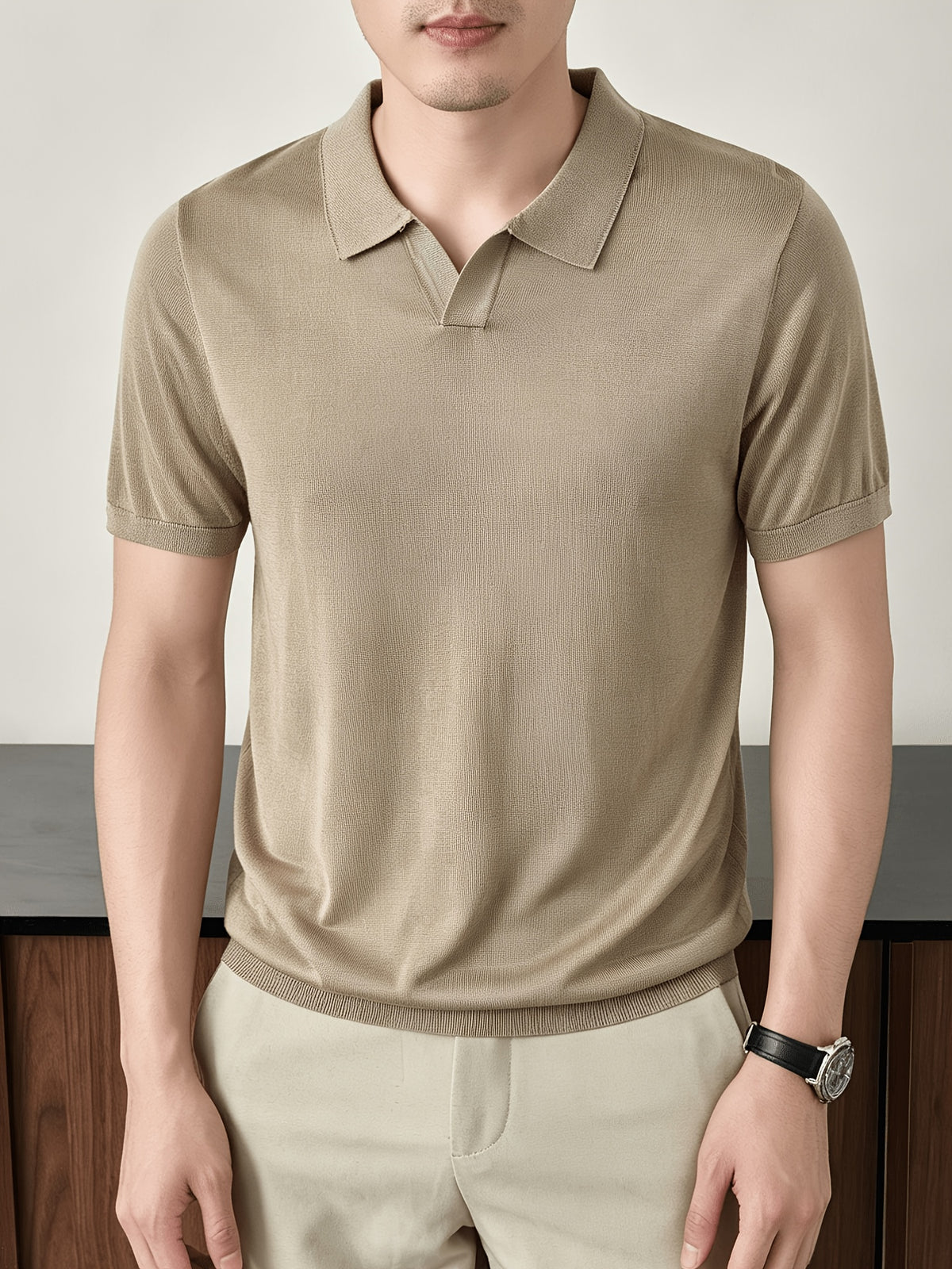 Maqiqi OBM New Spring/Summer Men's Knitted Pullover, Old Money Style Solid Color Clean Cut Half-Open Placket Scissor Collar Lapel Ribbed Knit Short Sleeve T-Shirt, Men's Casual Fashion Thin Breathable Pullover Sweater Knit Base Layer Top - Khaki 1