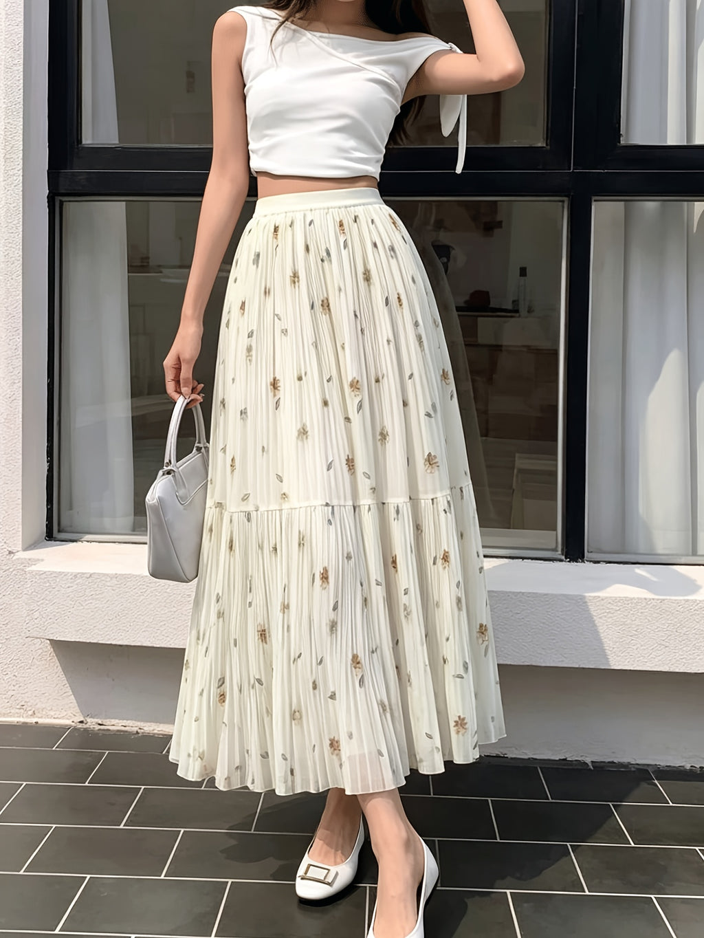 Women'S Floral Print Long Elegant Pleated Skirt - Multicolor Flower Pattern, High-Waist Design, Flowing Cut, Suitable for Spring And Summer - Apricot