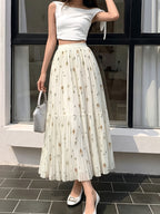 Women'S Floral Print Long Elegant Pleated Skirt - Multicolor Flower Pattern, High-Waist Design, Flowing Cut, Suitable for Spring And Summer - Apricot
