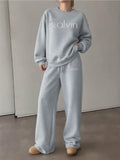 Graphic Print 2pcs Set, Crew Neck Sweatshirt & Pants, Women's Clothing - Grey