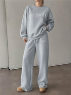 Graphic Print 2pcs Set, Crew Neck Sweatshirt & Pants, Women's Clothing - Grey
