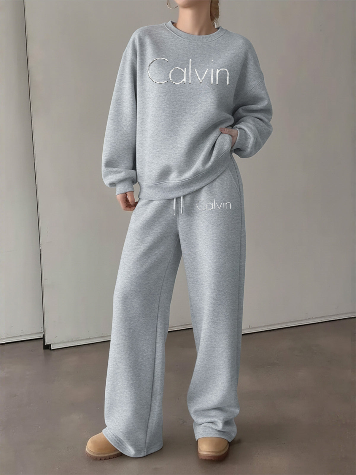 Graphic Print 2pcs Set, Crew Neck Sweatshirt & Pants, Women's Clothing - Grey