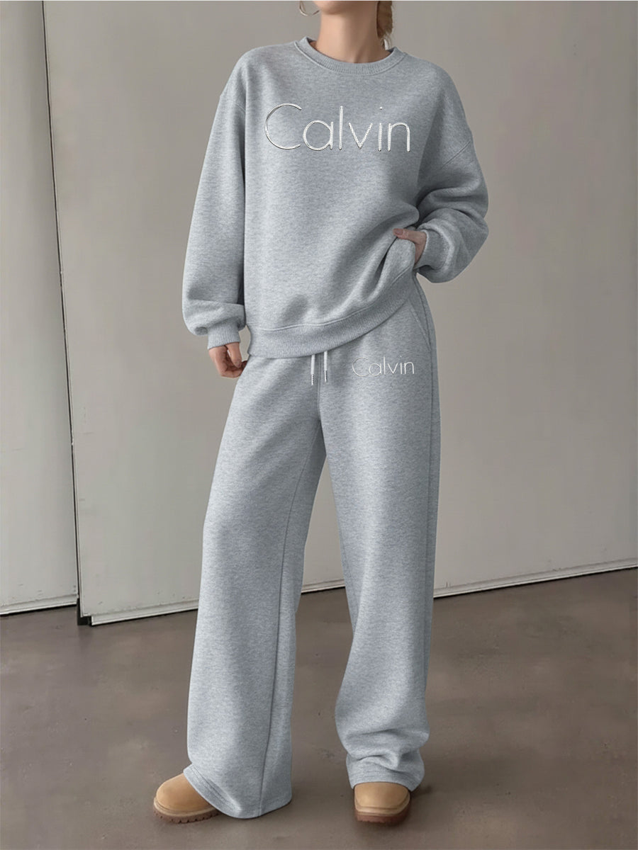 Graphic Print 2pcs Set, Crew Neck Sweatshirt & Pants, Women's Clothing - Grey