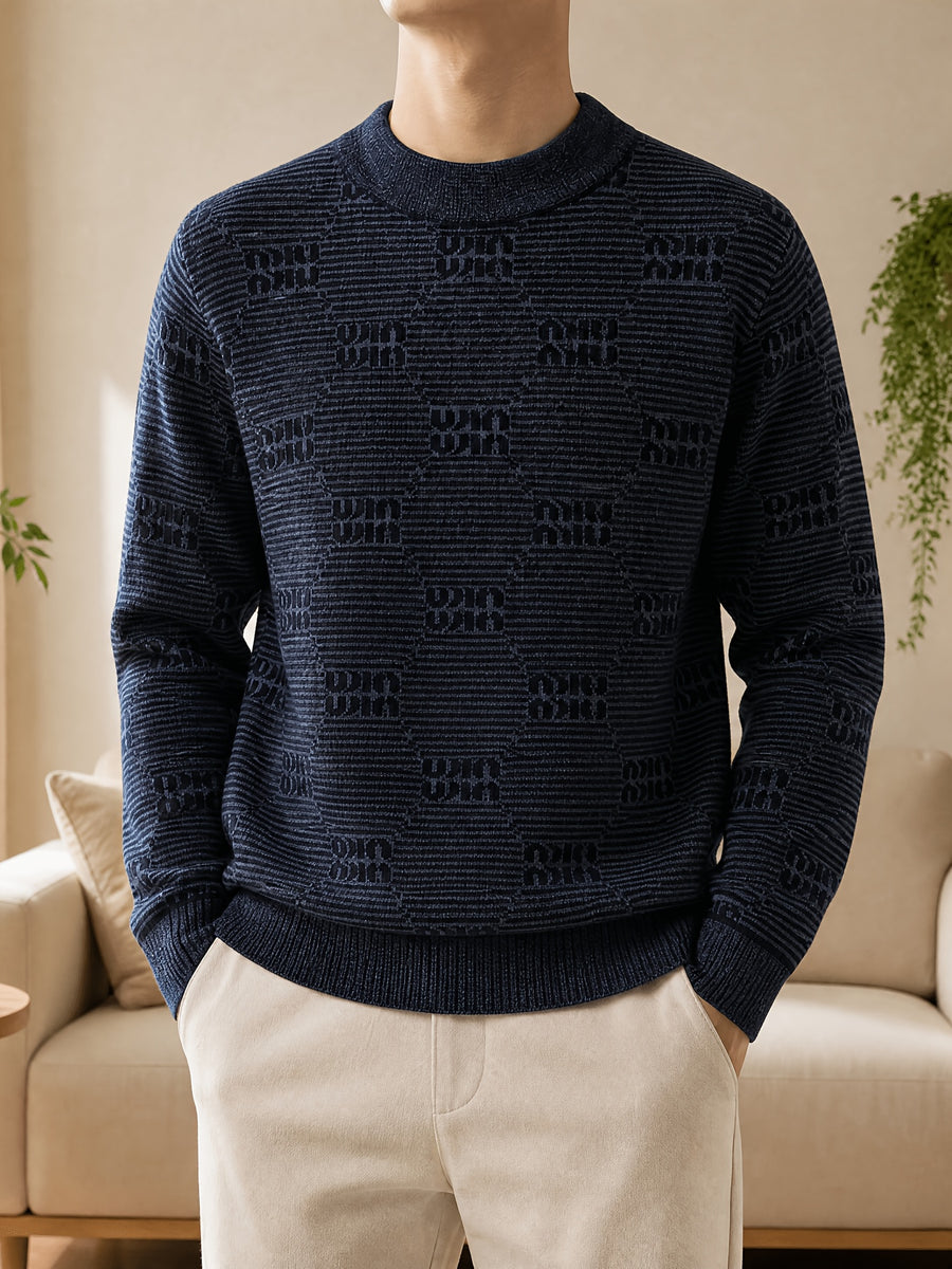 1pc Du Jing Lan OBM Men's Knit Sweater - Old Money Style Striped Crew Neck Sweater, Loose Fit Solid Color Base Suitable for Layering, Business Casual & Outdoor Wear, Long Sleeve Pullover for Golf, Basketball, Vacations, Spring/Autumn/Winter - Black