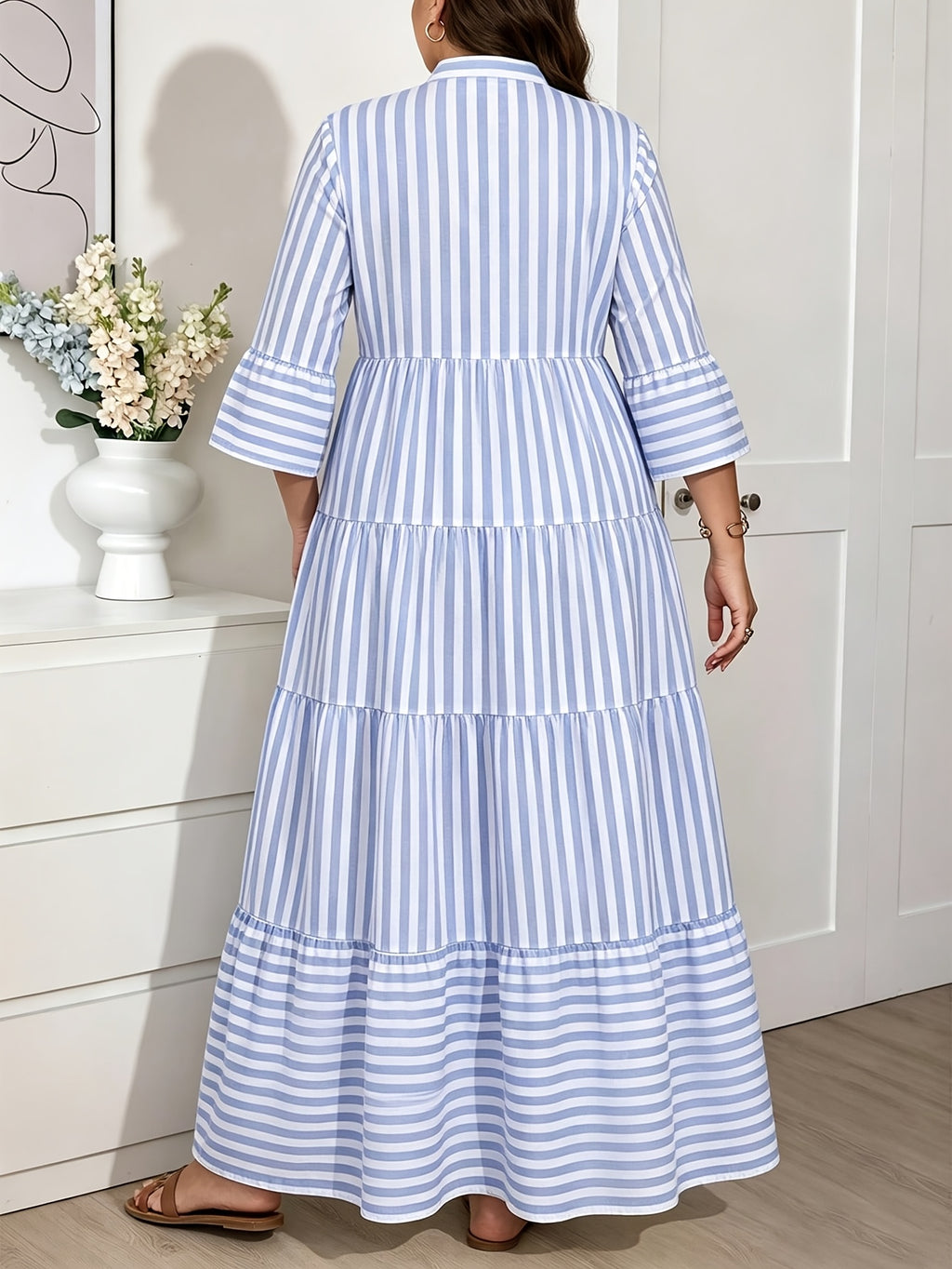 Plus Size Women'S Stand Collar V-Neck Layered Cake Dress, Yellow White Pinstripe Gentle Style Dress, Suitable for Vacation Outings, Fresh Casual Style, Fine Vertical Stripes Pattern, Women'S Clothing, Women'S Dress, Pastoral Vacation Style - Sky Blue