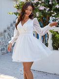 Lace Mesh Dress with Deep V-Neck, Cross-Wrap Collar, Scallop Lace Trim, Sheer Lantern Long Sleeves, Ruffle Cuffs, Wide Lace Waistband, A-Line Short Bridesmaid Dress for Vacation and Party - Milky