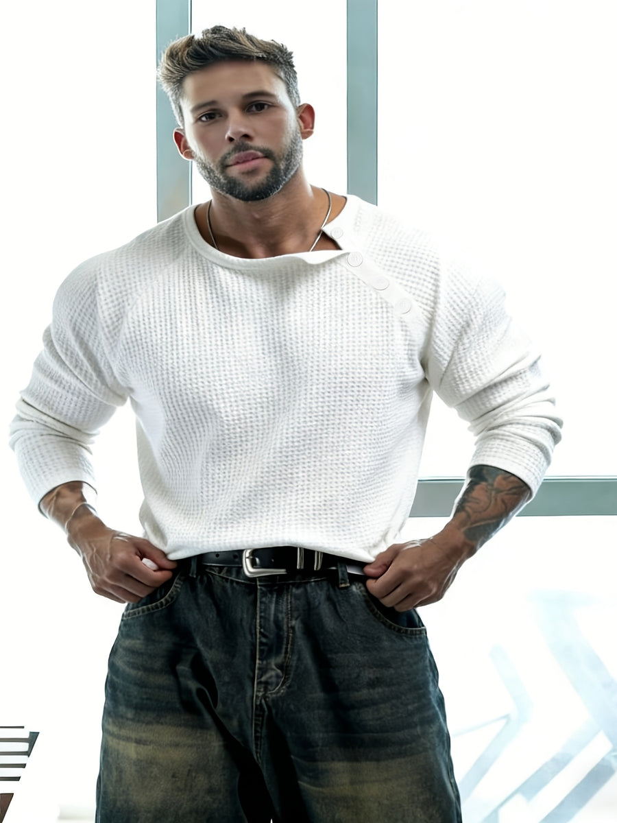 Joshmei OBM Men's Waffle Knit Slim Fit Versatile T-Shirt, Autumn/Winter Sporty Casual Side Button Design Crew Neck Long Sleeve Top - White