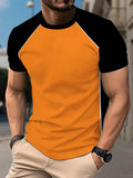 Men's Orange and Black Contrast Color Raglan Short Sleeve T-Shirt, Summer Casual Top, Skin-Friendly and Machine Washable - Mixed colors