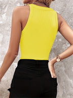 CHICME ' High-Elasticity Sleeveless Rhinestone Round-Neck Blouse - Pearl, Casual Elegant - Top, Solid Color Stretchable Shirt, Machine Washable (Branded "CHICME ''') - Yellow