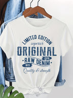 Women'S White T-Shirt with Blue Retro Graphic Prints, Featuring "LIMITED EDITION", "ORIGINAL" And ESTD 1973 Lettering Designs, Made of Fabric, Multiple Specifications Available, Ideal for Daily Casual Wear And Weekend Outings - White
