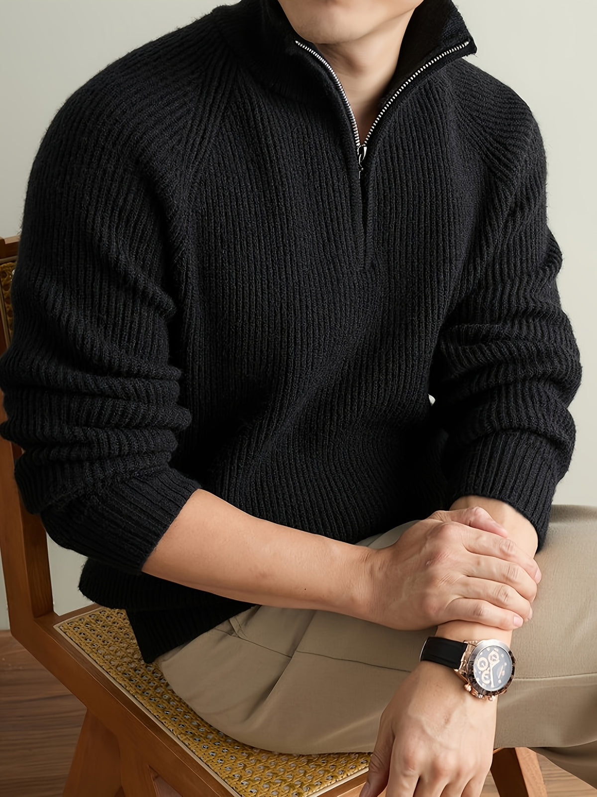 Men's Solid Gray Half-Zip Sweater with Stand Collar & Raglan Sleeves - Warm Winter Knit Pullover, Loose Fit Vertical Rib Texture Suitable for Casual and Light Business Wear, Machine Washable Fall/Winter Sweater - Black