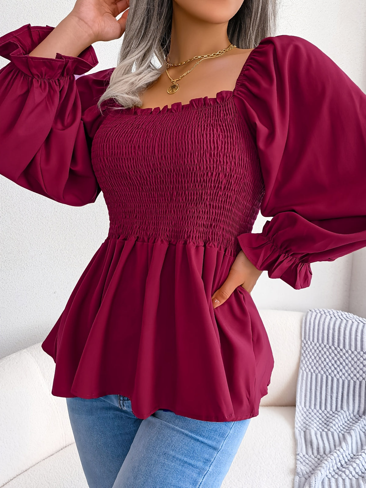 2023 Spring/Summer European and American Casual Solid Color Square Neck Flared Sleeve Ruffle Hem Chiffon Blouse - Burgundy